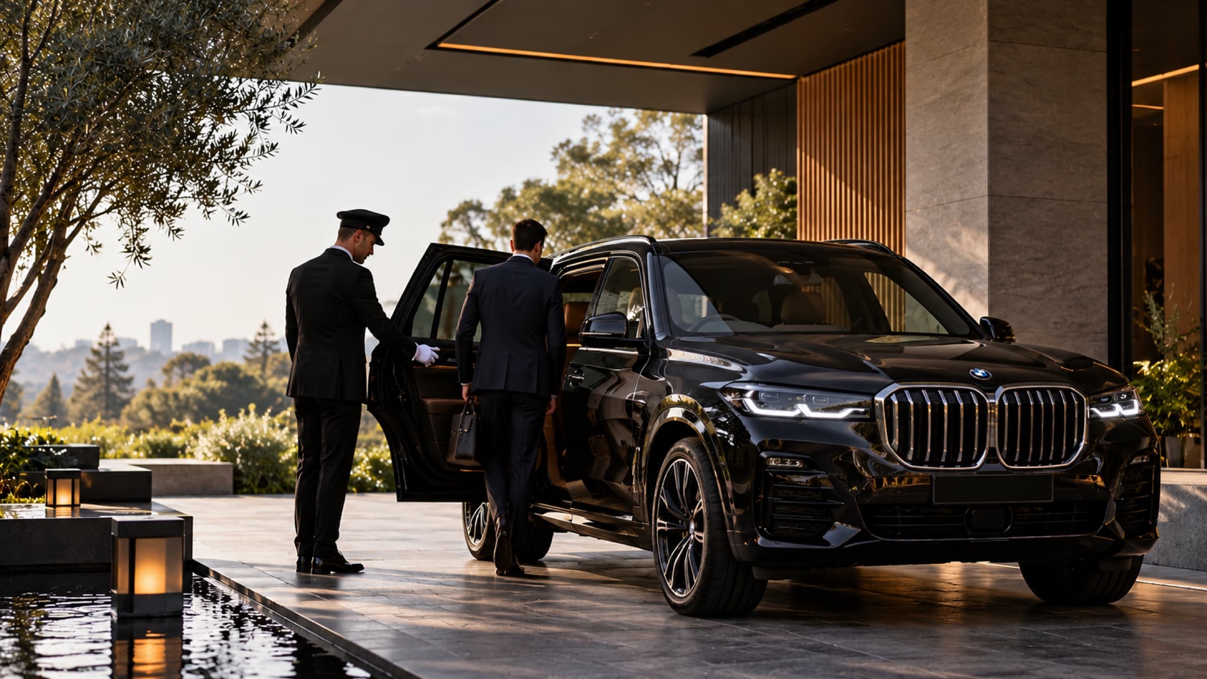 A chauffeur opens the rear door of a black SUV for a passenger at a luxury entrance